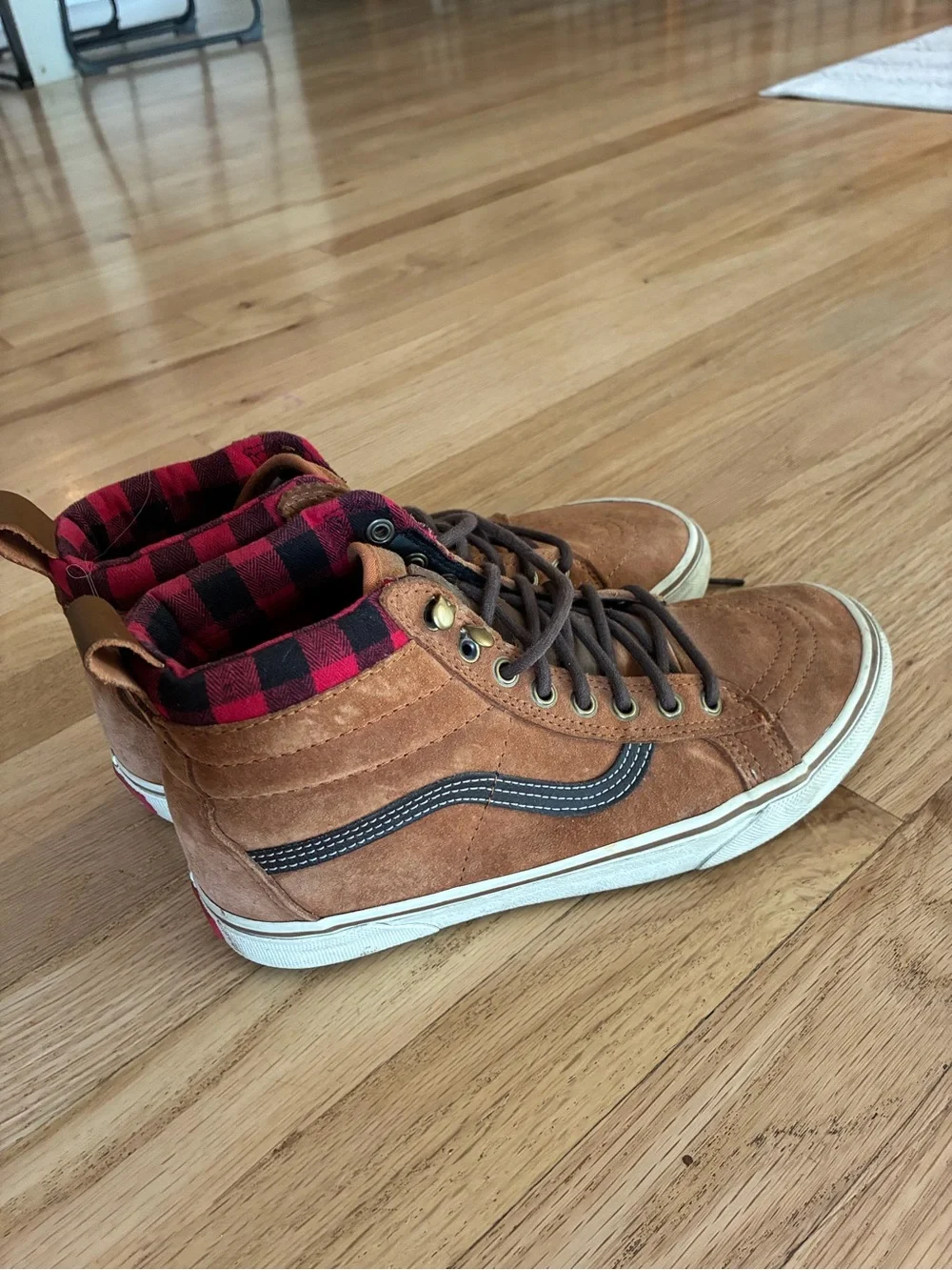 Men's Vans Brown High-Top Casual Sneakers with Red Plaid Collar